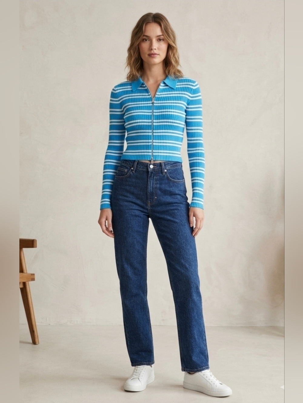Calvin Klein Blue & White Striped Zip Polo Sweater